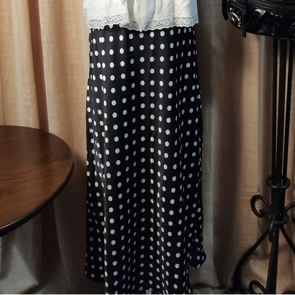 MAKEMECHIC Polka Dot Maxi Skirt Size S Black White Satin High Waist Flowy NEW